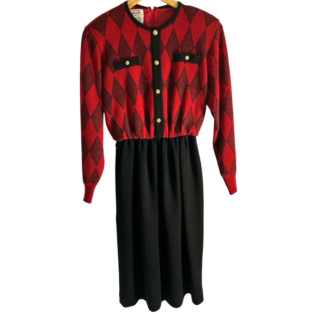 Talbots Women’s Size 12 Vintage Diamond 100% Wool‎ Dress Red Black